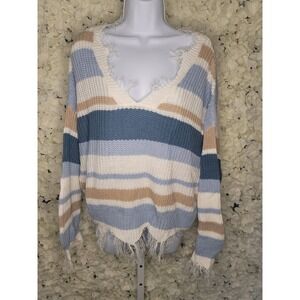 Polly & Ester Distressed‎ Striped Sweater, Size LG , Boho Slouch, 90's Vibe